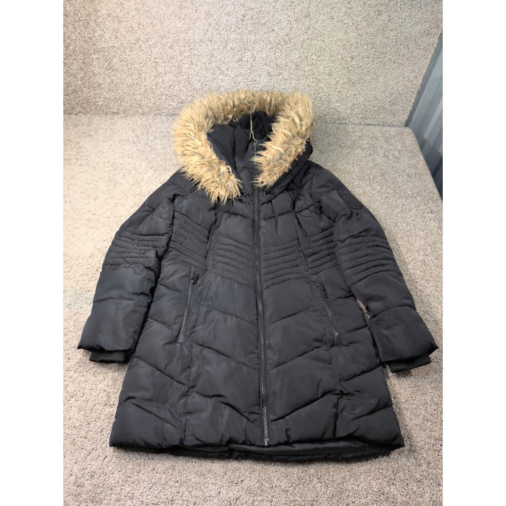 Diesel Black Quilted Puffer Parka Faux Fur‎ Hood Winter Coat Womens Size 14